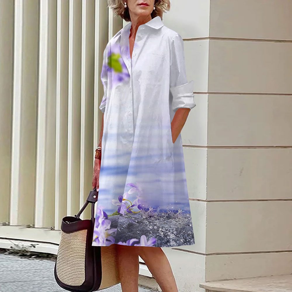 Monroewheels fairy dress short Women Lapel Button Shirt Dresses White & Black Flower Printed Dress Loose A-Line Long Skirts Spring & Summer Casual Beach Party