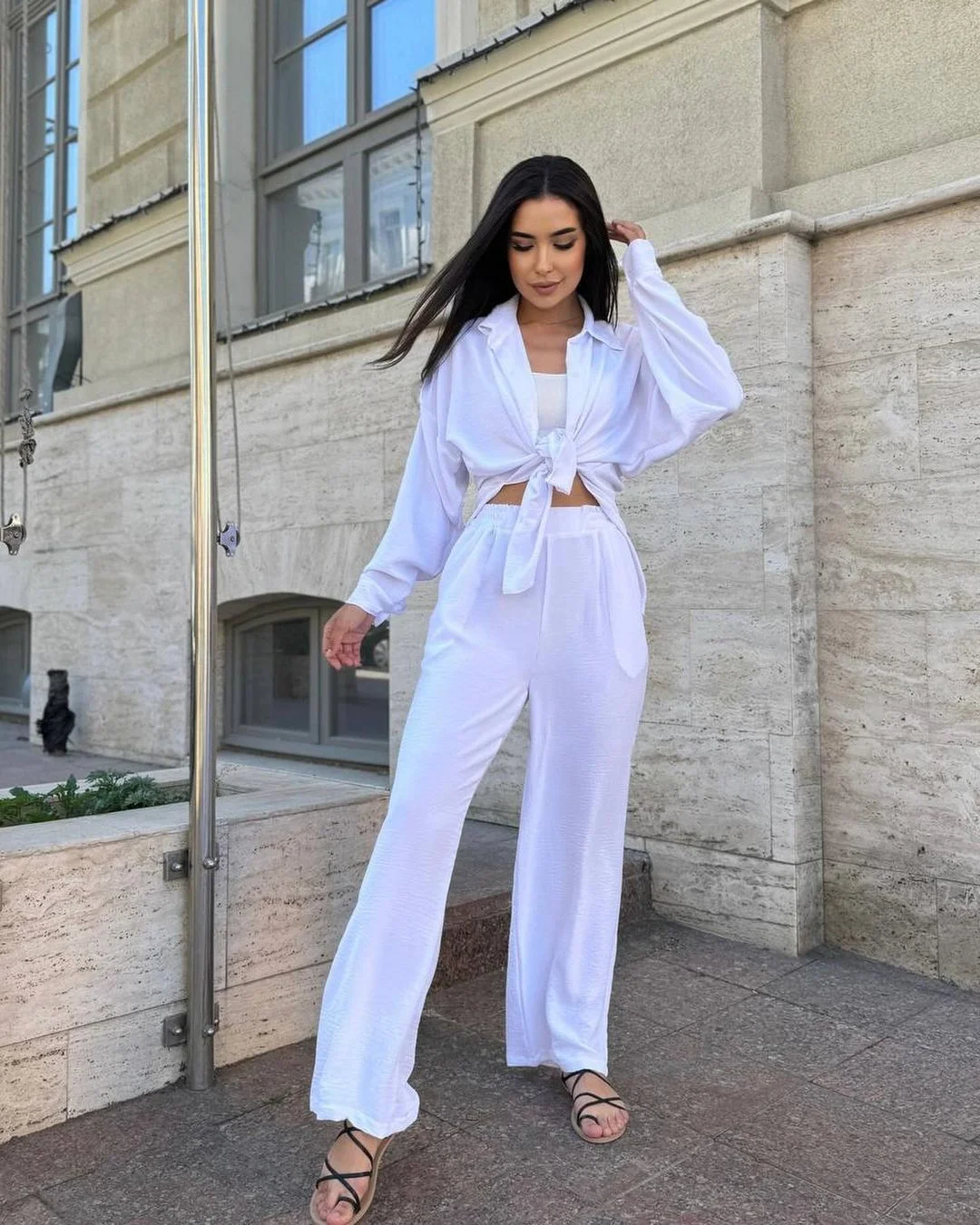 Churchf Churchf New Autumn Solid Color Lapel Long Sleeve Shirt Jacket Casual Pants Set