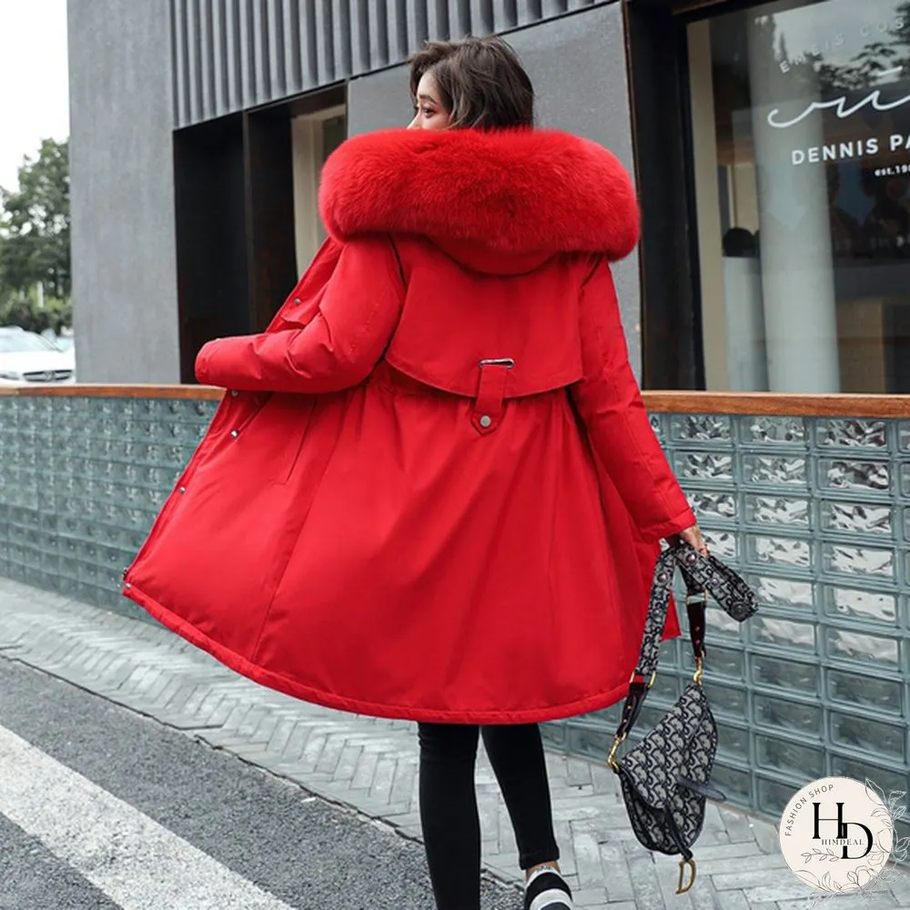 New cotton liner parker parka fashion adjustable waist fur collar winter jacket women