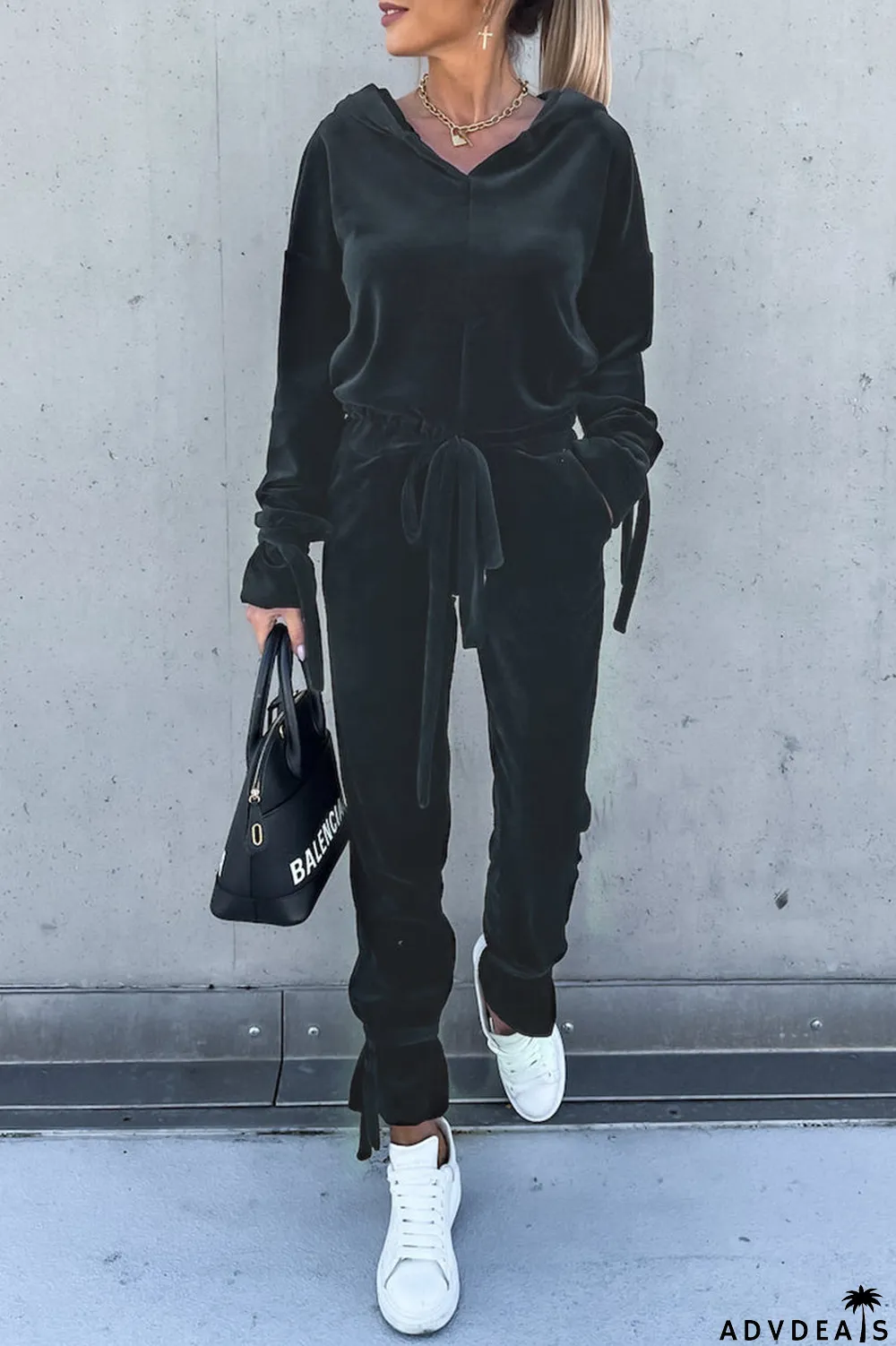 Casual Solid Pocket Hooded Collar Long Sleeve Two Pieces