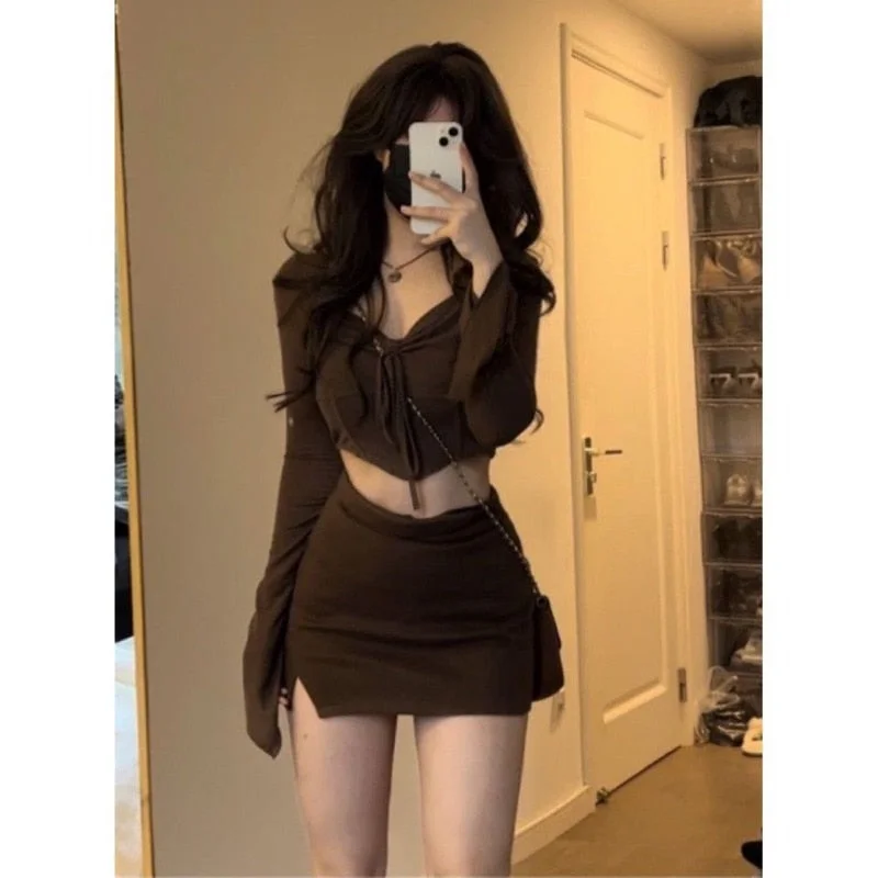 Lourdasprec  Y2K Women Korean Harajuku Acubi Desire Gyaru Girl 2 Piece Set Groups Mini Skirt Sexy Long Sleeve Crop Tops Matching Sets Clothes