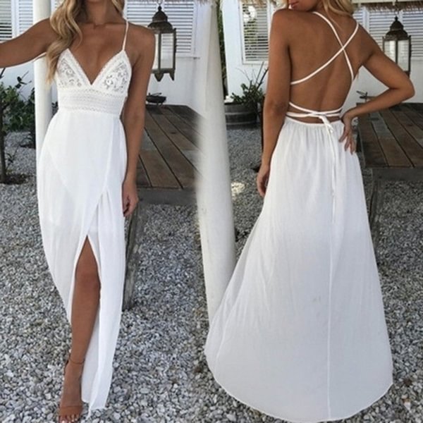 Boho Women Long Dress Backless Halter V Neck Maxi Beach Bohemia Dresses Sundress - BlackFridayBuys