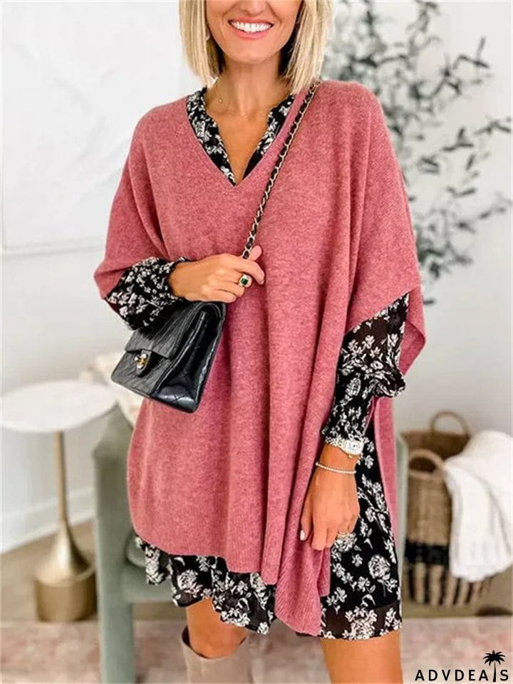 Chic V-neck Loose Knitted Poncho Sweater for Women