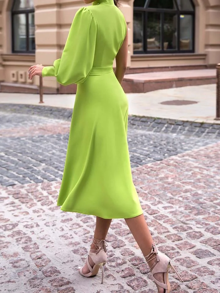 Fashion Solid Color One-shoulder Long-sleeved Dress