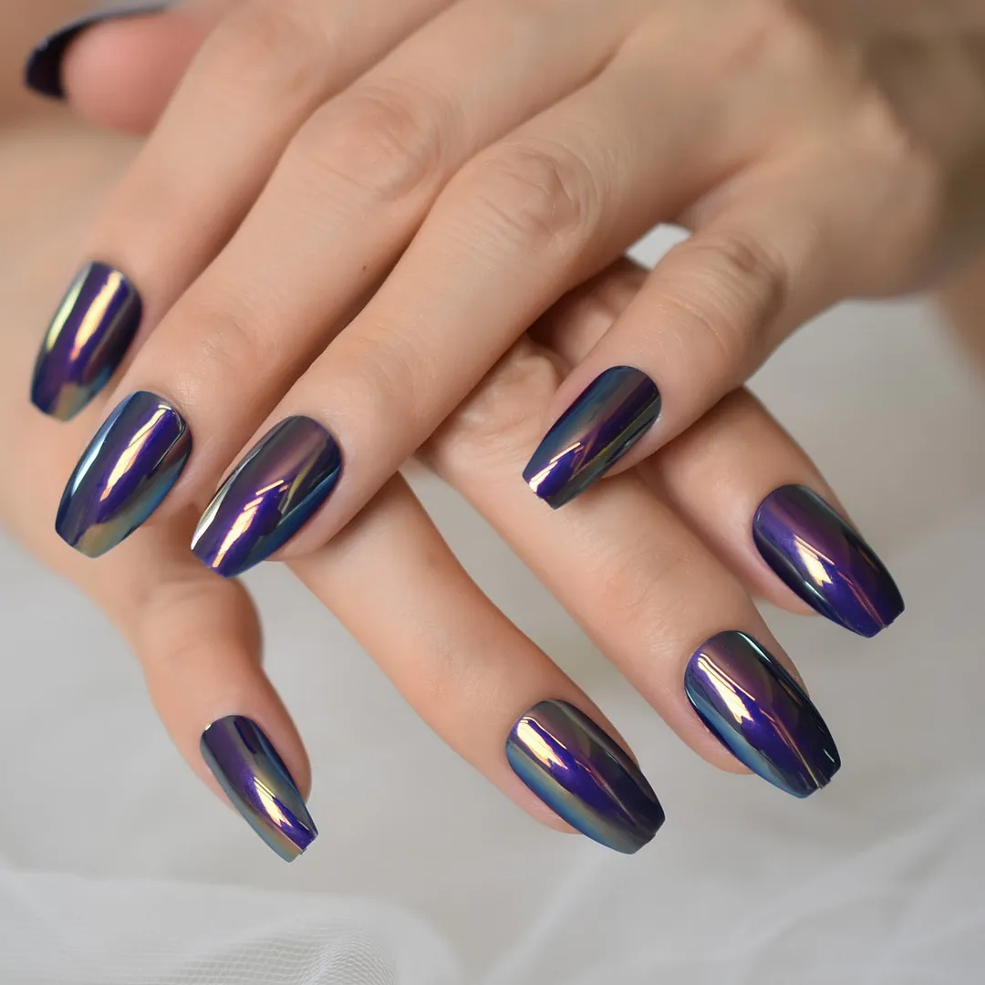 24pcs Coffin Nails Short Metallic Plate Fake Nails Ballet Holo Mirror Press on Nails Full Cover Acrylic Glossy False Nail Tips-Nail Inspo