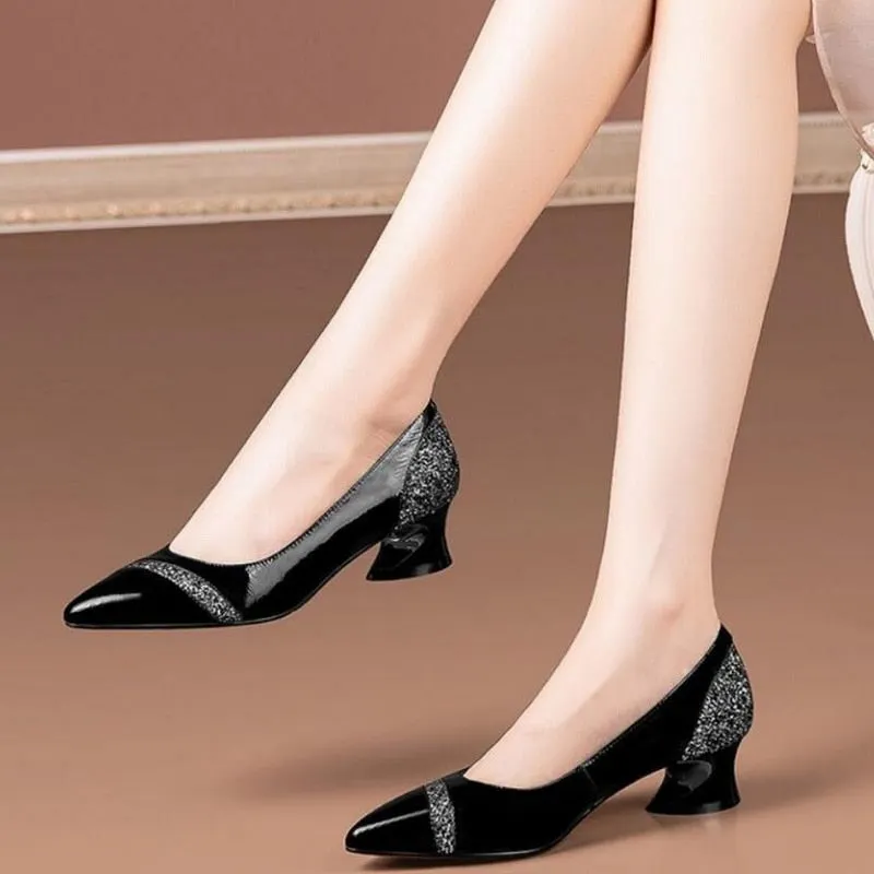 Soft Leather Shallow Shoes,Pointed Toe,2021Spring New Rhinestone Women Mid Heels,Slip on Female Footware,Big Size,бордовые,Black