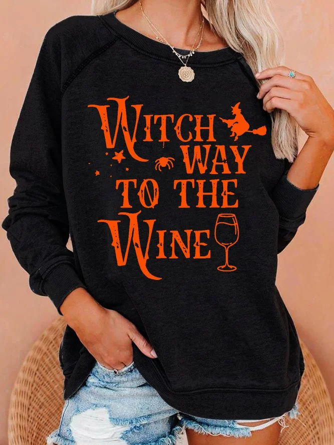 Womens Witch Way To The Wine Casual Helloween Sweatshirts