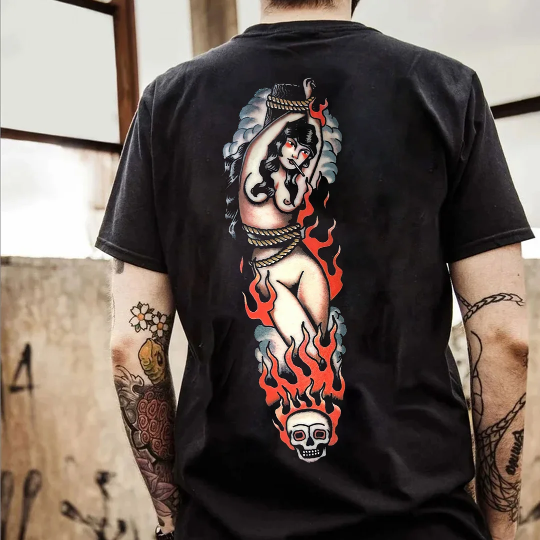 Naked Lady in the Burning Fire with Skull Black Print T-shirt