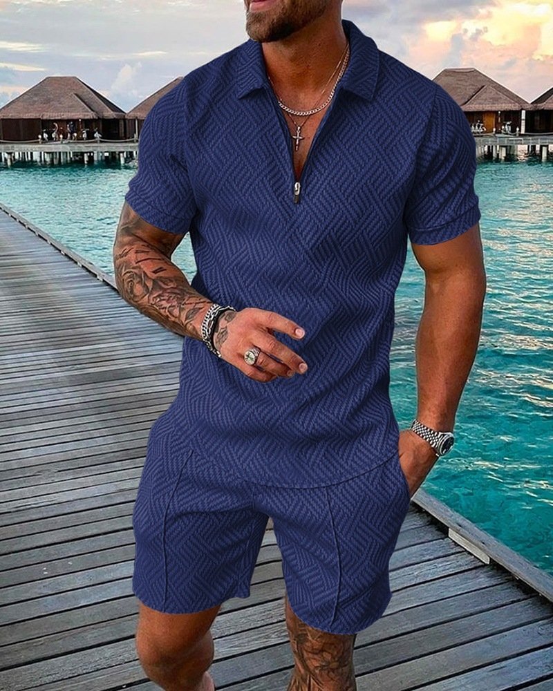 Men's Seaside Casual Blue Printed Polo Suit