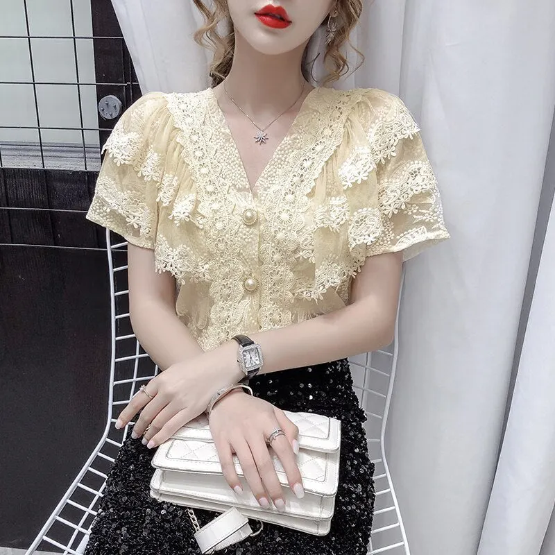 Summer V-neck Hollow Lace Women Tops 2021 New French Sexy Ruffle Stitching Shirt Female Short Sleeve Slim Crochet Blouse 14175 515