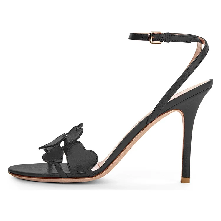Black Ankle Strap Stiletto Sandals with Heart Detail and Slingback Vdcoo