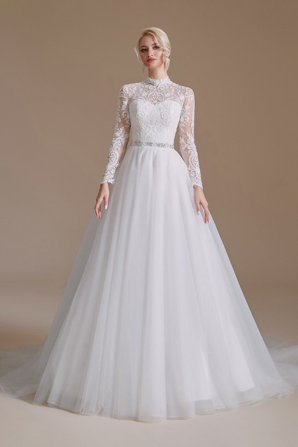 Bellasprom Classy Long Sleeves Wedding Dress With Tulle Lace High Neck Bellasprom