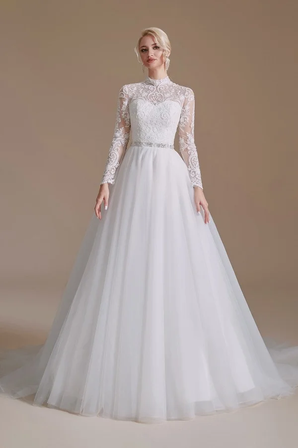 Modest A-line High Neck Long Sleeves Wedding Dress With Tulle Lace