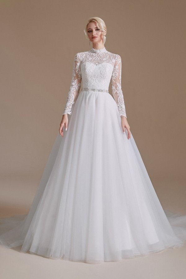 Bellasprom Classy Long Sleeves Wedding Dress With Tulle Lace High Neck