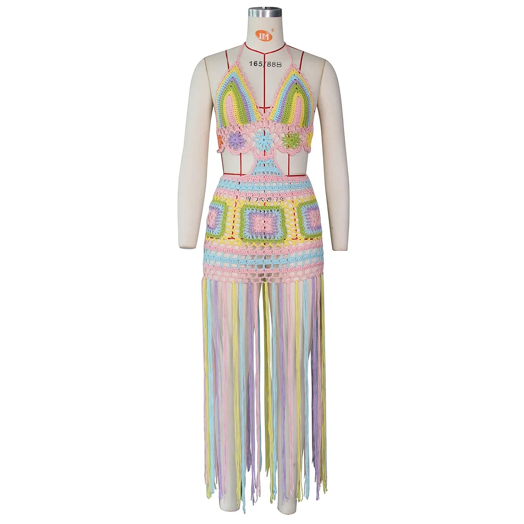 CM.YAYA Women Beach Dress Hand Crocheted Knitted Halter Tassel Long Dresses Bandage Hollow Out Sexy Fashion Beachwear Summer