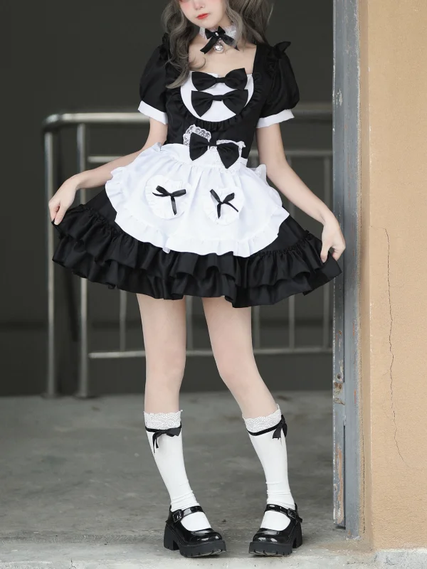 Lolita Heart Bowknot Square Neck Bubble Sleeve Ruffled Pleated Mini Maid Dress 