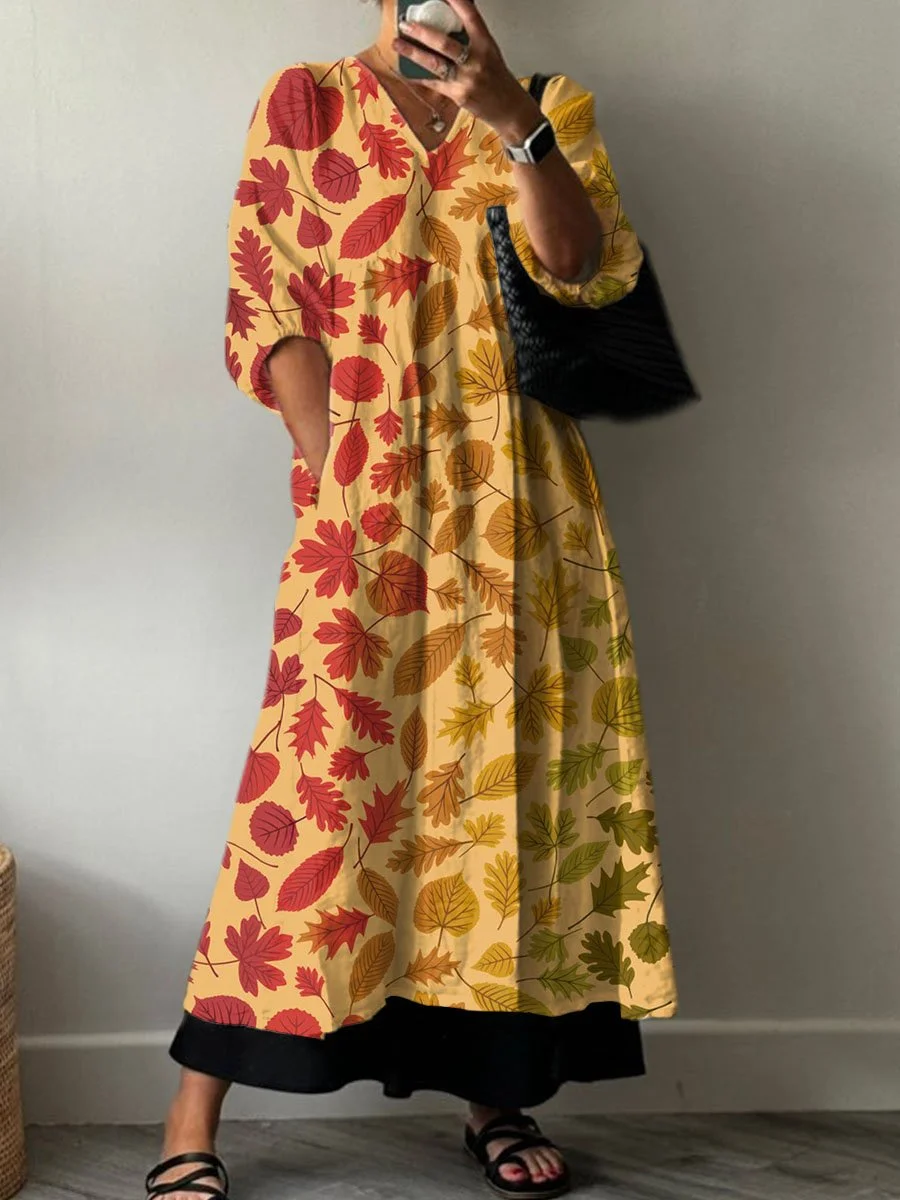 Women's  Gradient Maple Leaves Print Pocket V-neck Cotton Dress