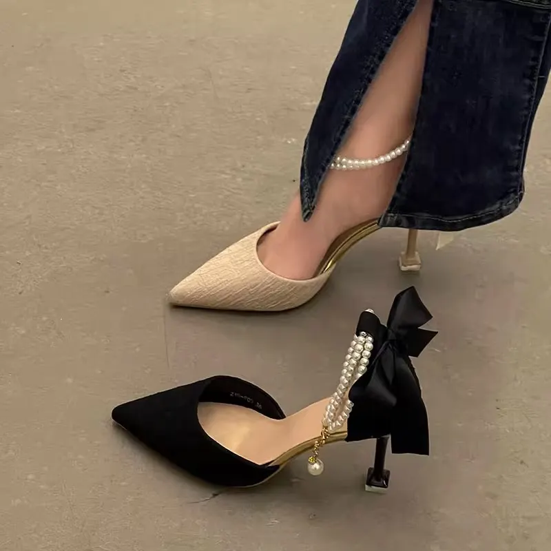 Breakj Breakj Word With High Heels Women 2025 Spring And Summer New Pointed Thin Heel Bow Head Hollow Sandals