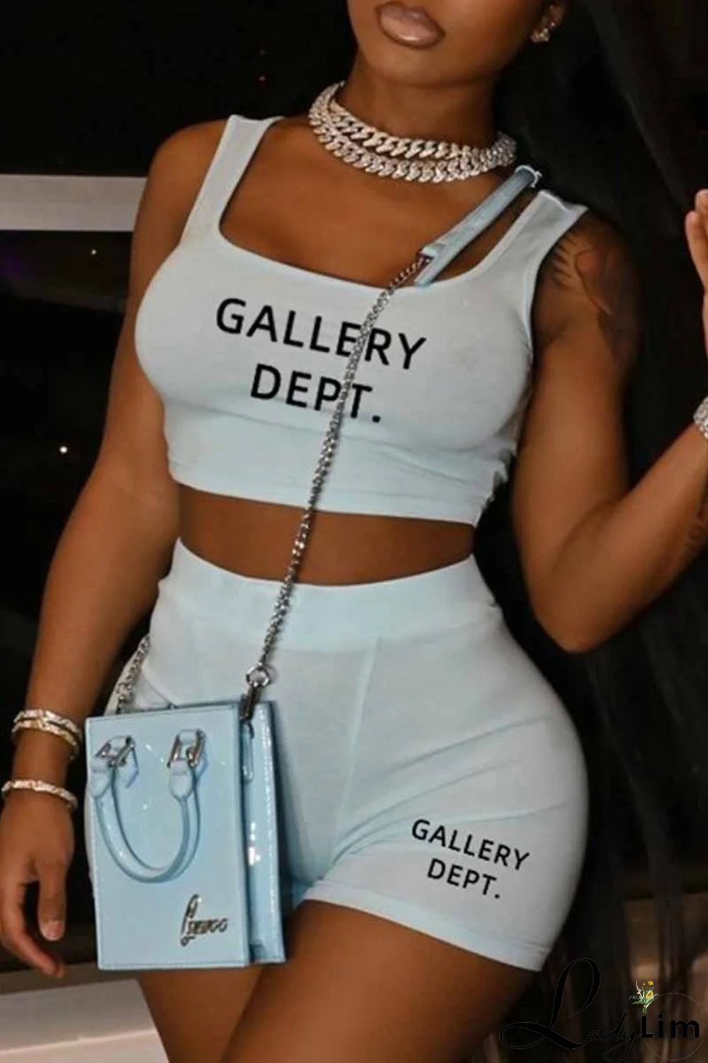 Light Blue Street Print Letter U Neck Sleeveless Two Pieces