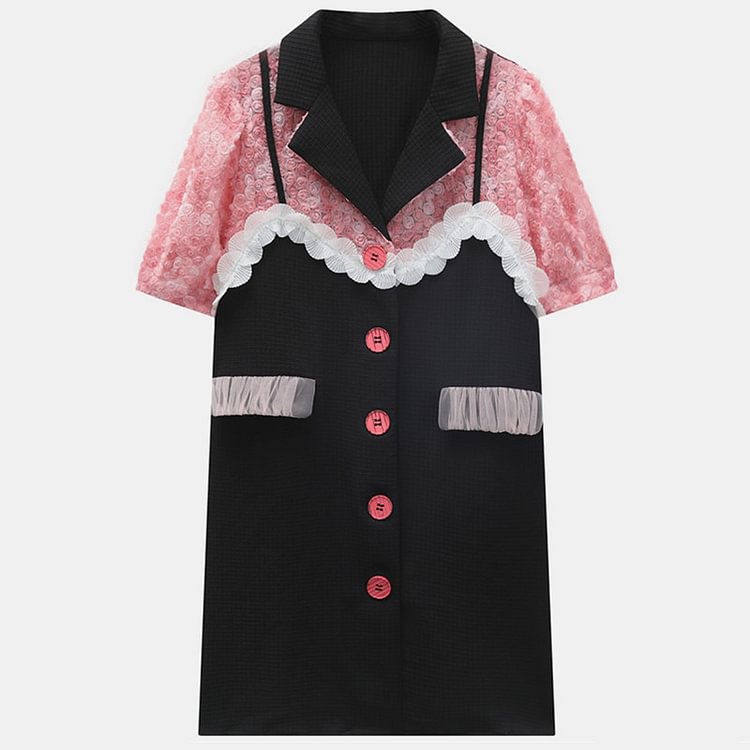 Vintage Lapel Blossom Lace Colorblock Dress - Modakawa Modakawa