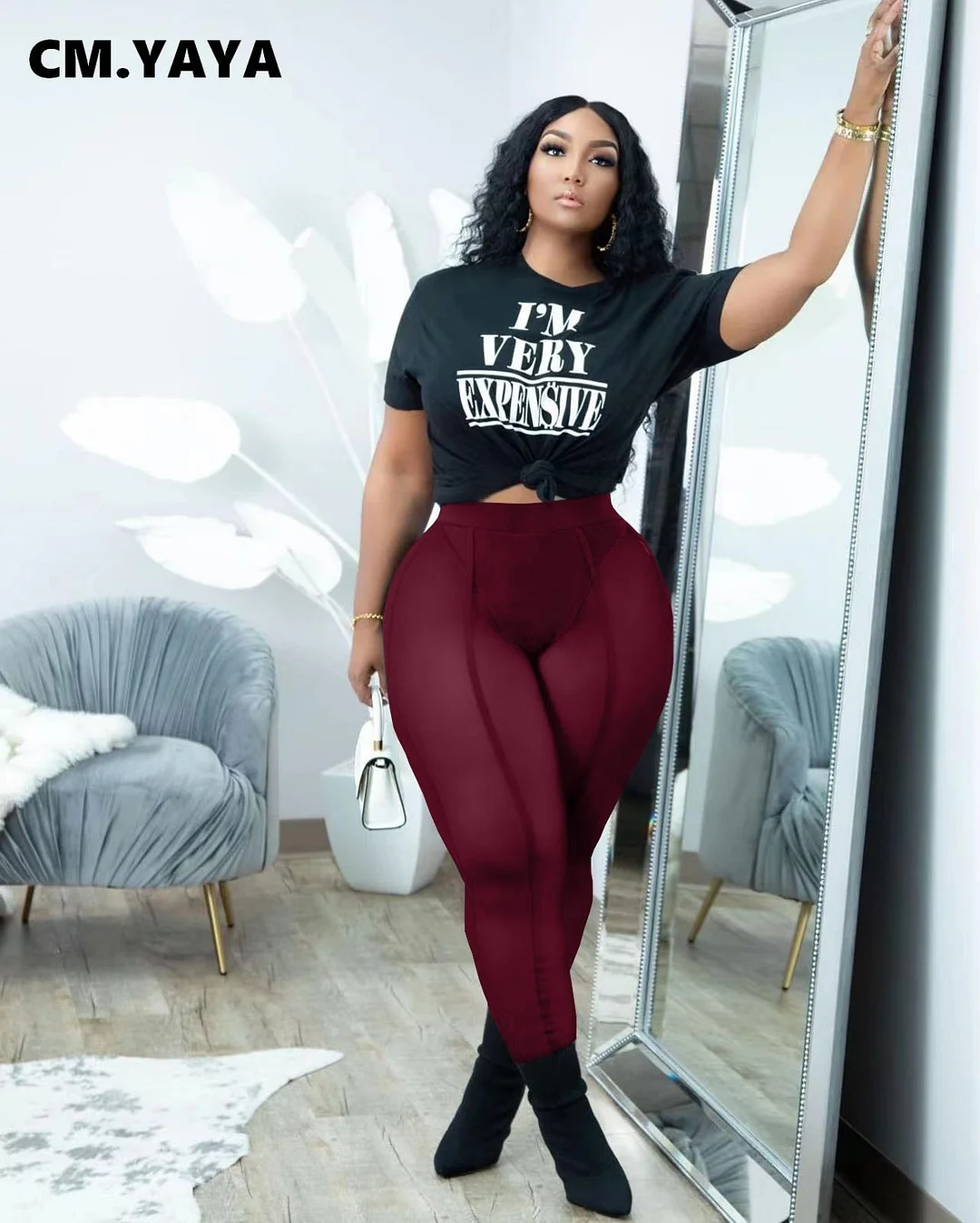 CM.YAYA Yoga Women 2pcs Set Letter T-shirt and Mesh See Though Leggings Set Sweatsuit Tracksuit Two Piece Set Fitness Outfit