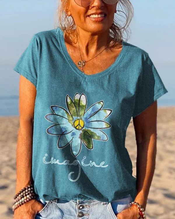 🔥kukelife🔥Peace Flower Women Solid Color V-neck Tees