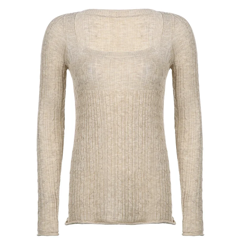 Ueong Women's Spring 2023 New Vintage Low-Cut Square Collar Twist Khaki Woolen Top