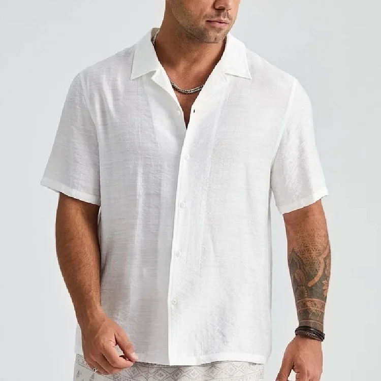 Men's Solid Color Hawaiian Cotton Linen Short Sleeve Shirt socialshop