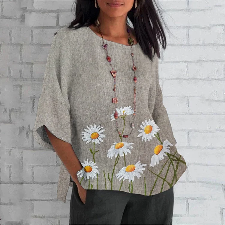 Wearshes Casual Daisy Flower Print Round Neck Linen T-Shirt