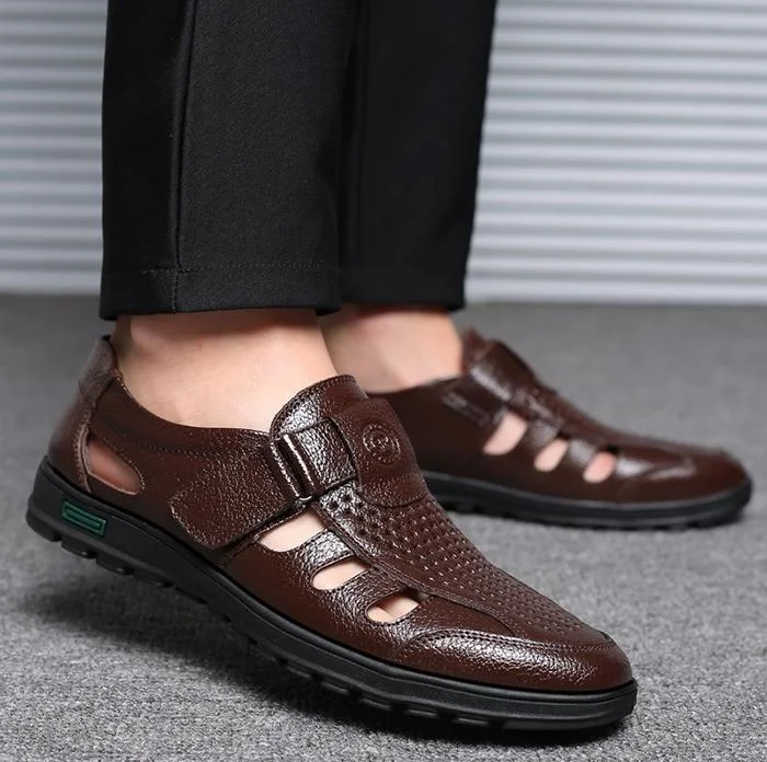 Big Size Men's Genuine Leather Sandals Outdoor Breathable Beach Shoes | EGEMISS