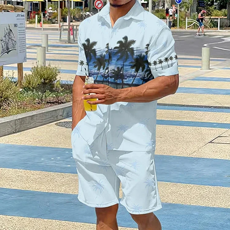 Men's Classic Casual Striped Digital Print Cuban Collar Shirt Shorts Two-Piece Set