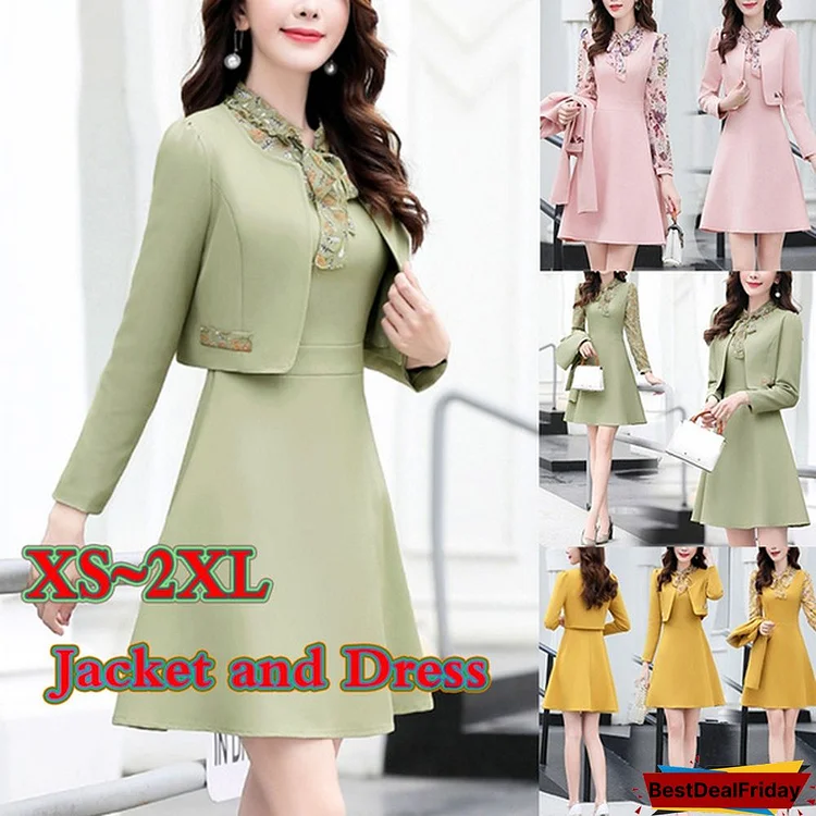 Women Office Wear Long Dress Suits Pink Yellow Green Dresses Suit 2 Pieces Set Outfit Clothes Womens Short Jacket And Dress