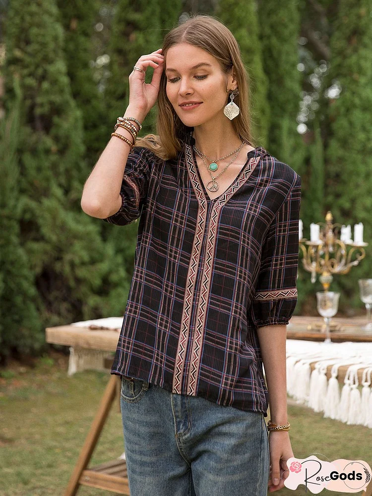 Women Chiffon V Neck Appliqued Plaid Blouse