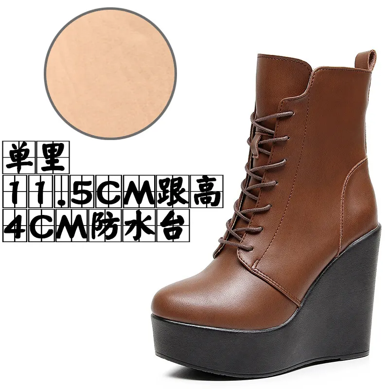 Breakj Breakj Head 12Cm High Slope And Waterproof Table Mid-Sleevel Boots With Side Zipper Women's Boots Pine Cake Plus Velvet Winter Warm Leather Boots