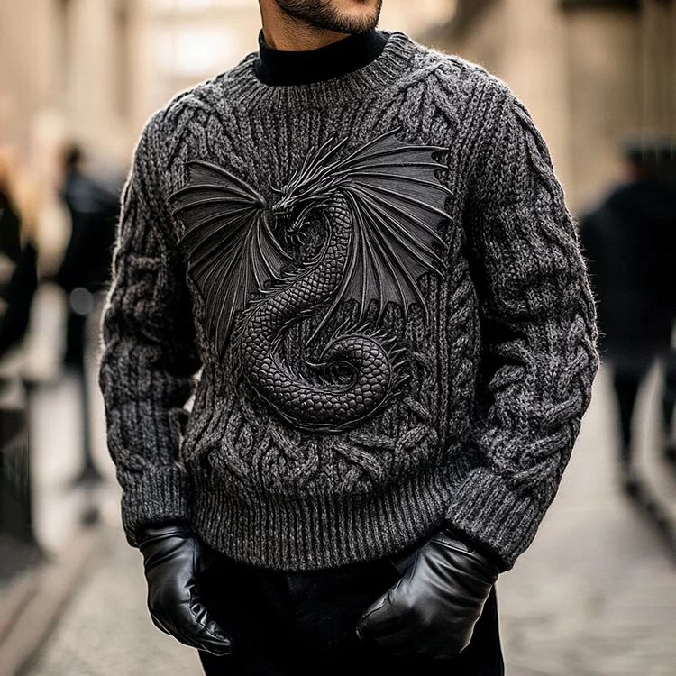 Utbros Men's Winged Dragon Design Chunky Knit Sweater
