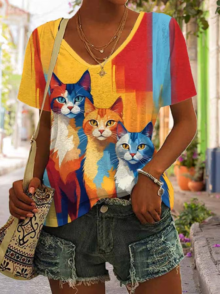 Women&rsquo;s Retro Funny Cat Print V-neck T-shirt wearshes