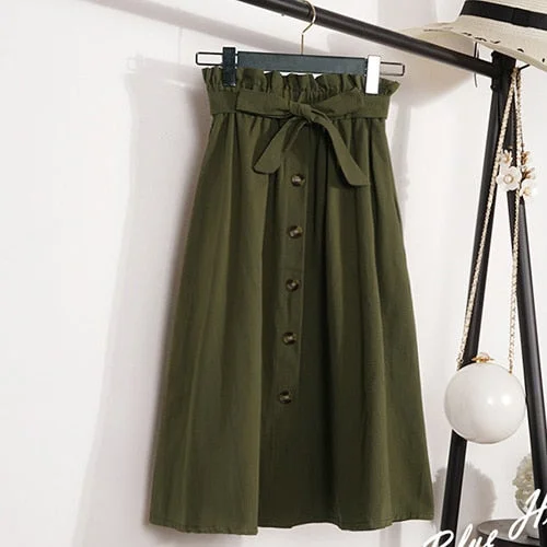 Summer Autumn Skirts Womens 2021 Midi Knee Length Korean Elegant Button High Waist Skirt Female Pleated School Skirt