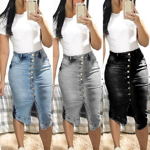 New Women's Fashion Stretch Denim Skirt Summer Button Design Split Front Midi Skirts Jeans - Life is Beautiful for You - SheChoic