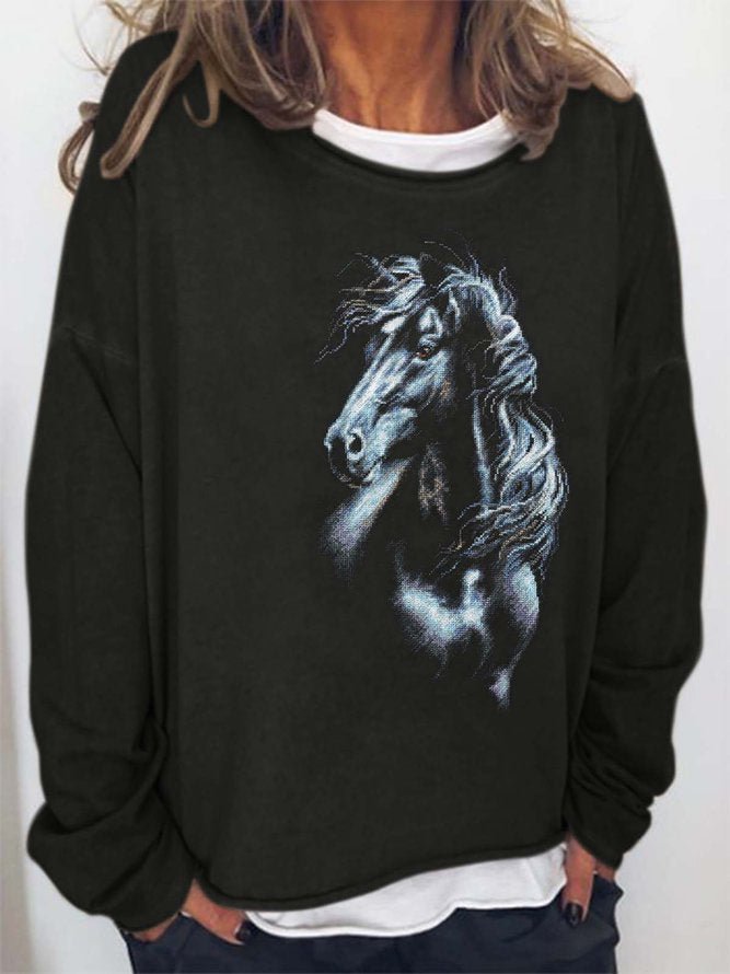 Long Sleeve Crew Neck Horse Printed Casual Sweatshirt