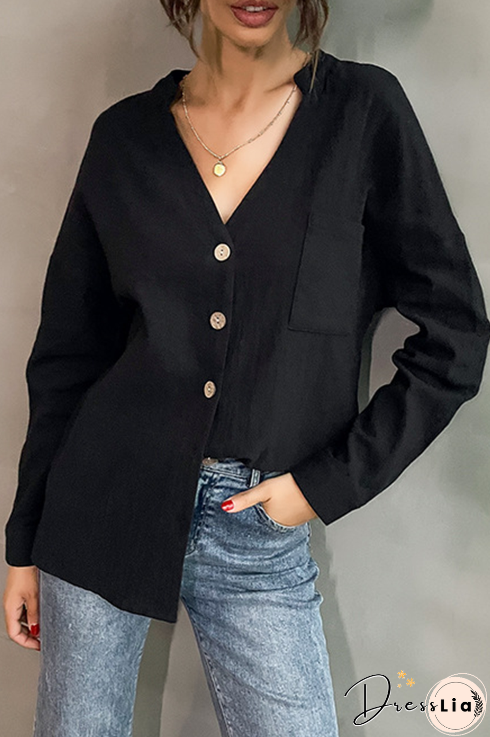 Casual Solid Pocket Buckle V Neck Tops