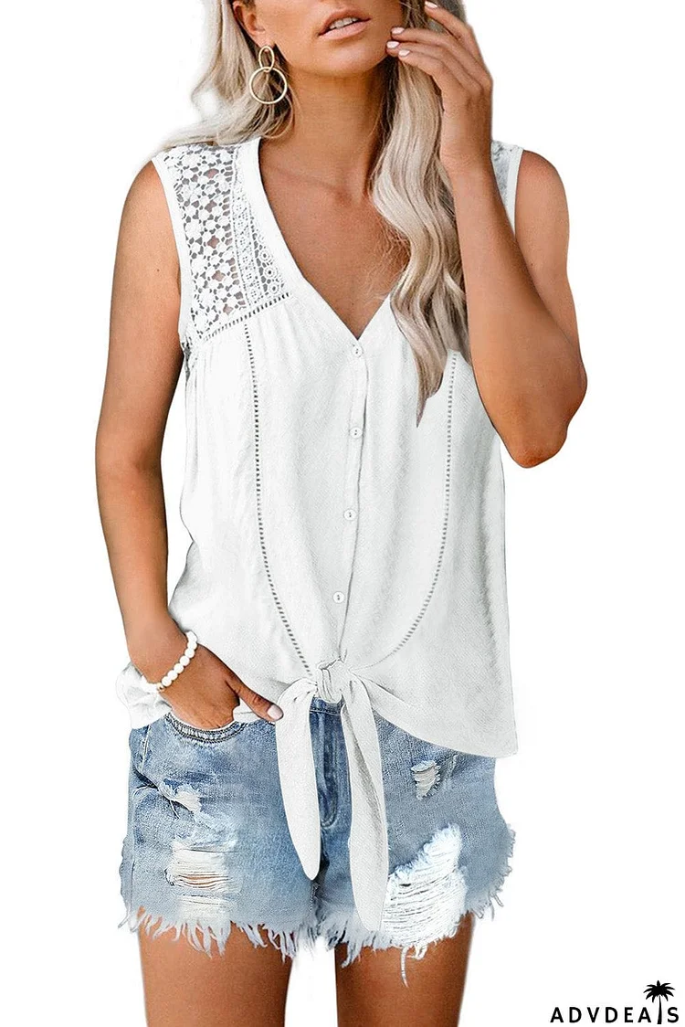 Lace Tie Front Button Tank Top