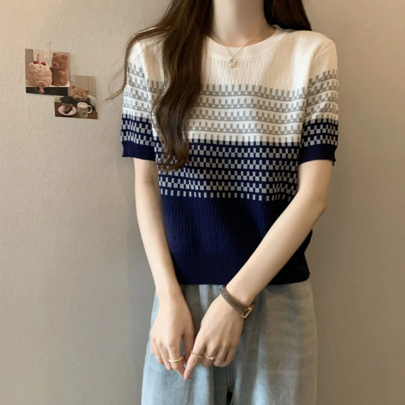 Uveng Uveng Gradient Striped T-Shirt Women's Summer New Oceanic Ice Silk Sleeve Sleeves