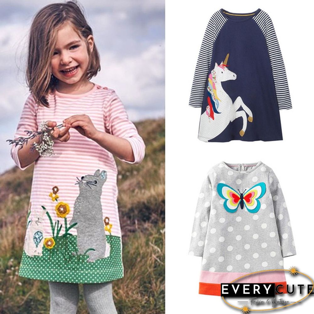 Toddler Baby Girls Kids Autumn Clothes Cute Cartoon Applique Long Sleeve T-Shirt Dress