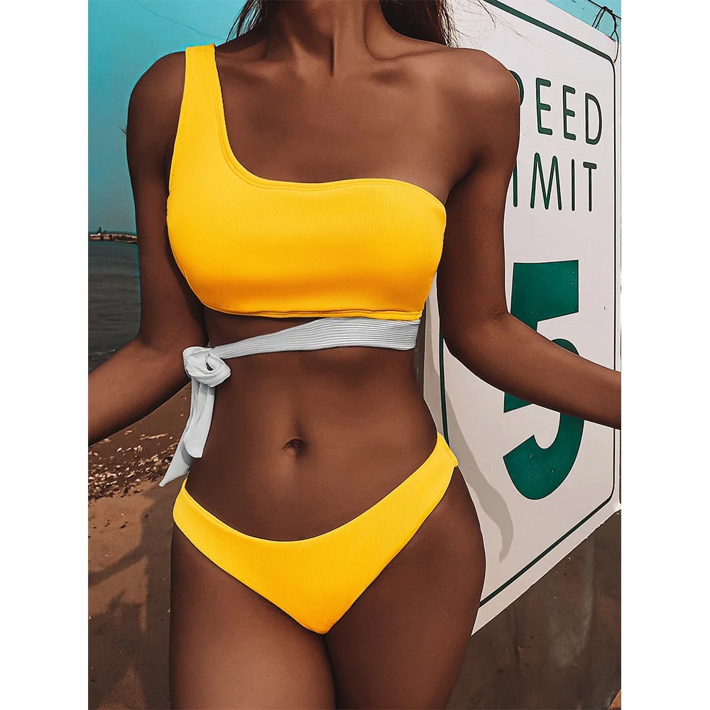 One Shoulder Bikini Set 2021 Sexy Swimwear Women Two Piece Swimsuit Female Push Up Bathing Suits Summer Beach Wear Swimming Suit