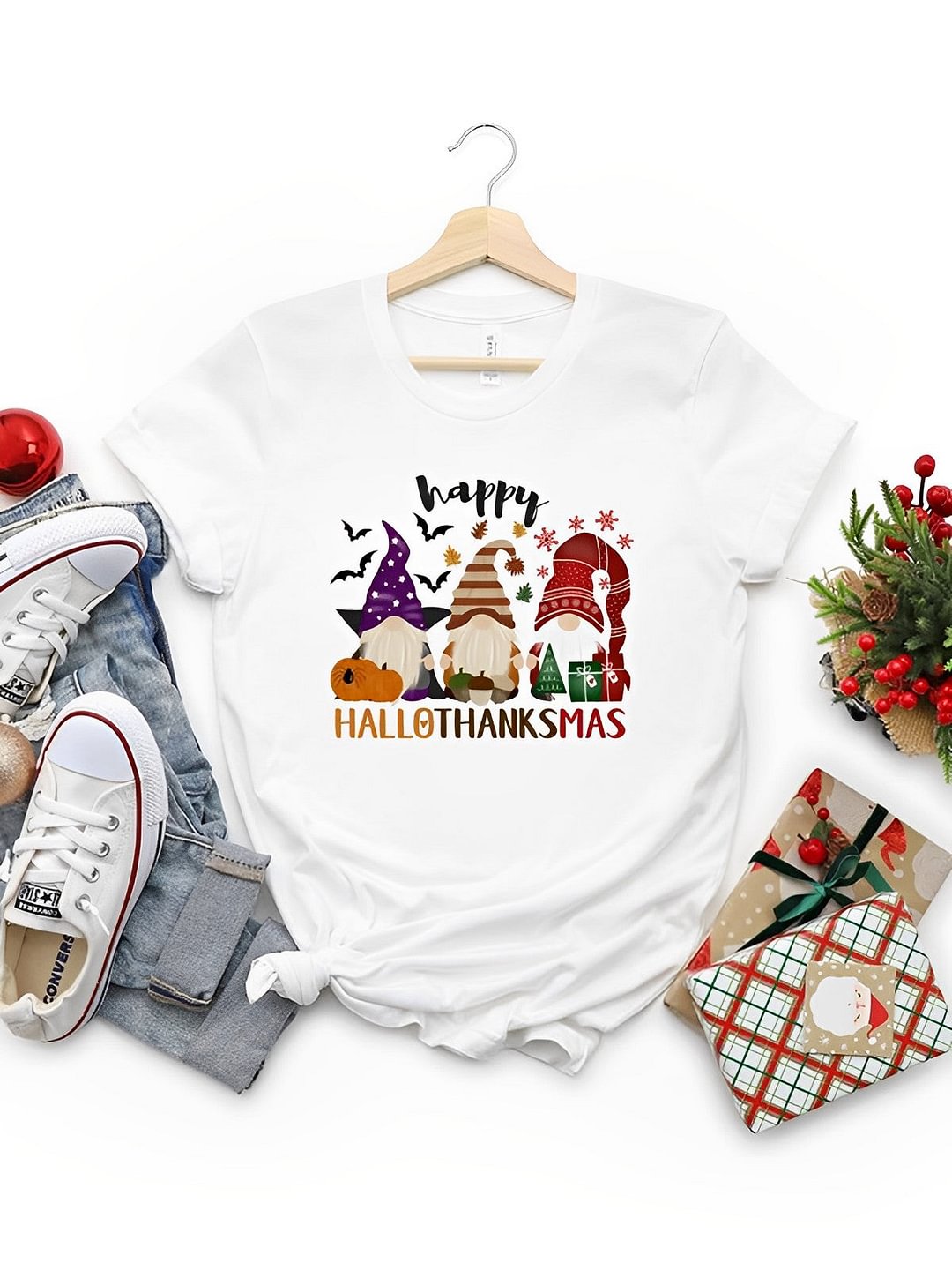 Happy Hallothanksmas Gnome Print Tee