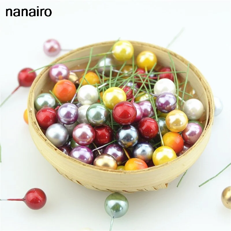 50pcs Mini Berries Plastic Fake Fruit Small Artificial Pearl Flower Stamens Cherry Wedding DIY Gift Box Decorated Xmas Wreaths