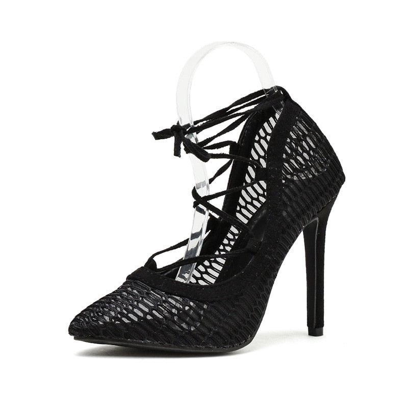 Mesh Hollow Out Pointed Toe Cross Strap Stiletto High Heels