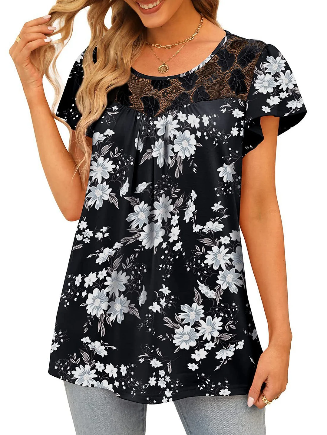 Women's Floral Printed Stitching Lace Collar Short Sleeve Scoop Neck T-shirt