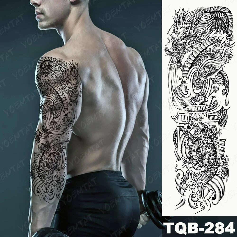 Sdrawing Arm Waterproof Traditional Temporary Tattoo Stickers Women Men Black Line Flowers Koi Crane Thigh Body Art Fake Tattoos