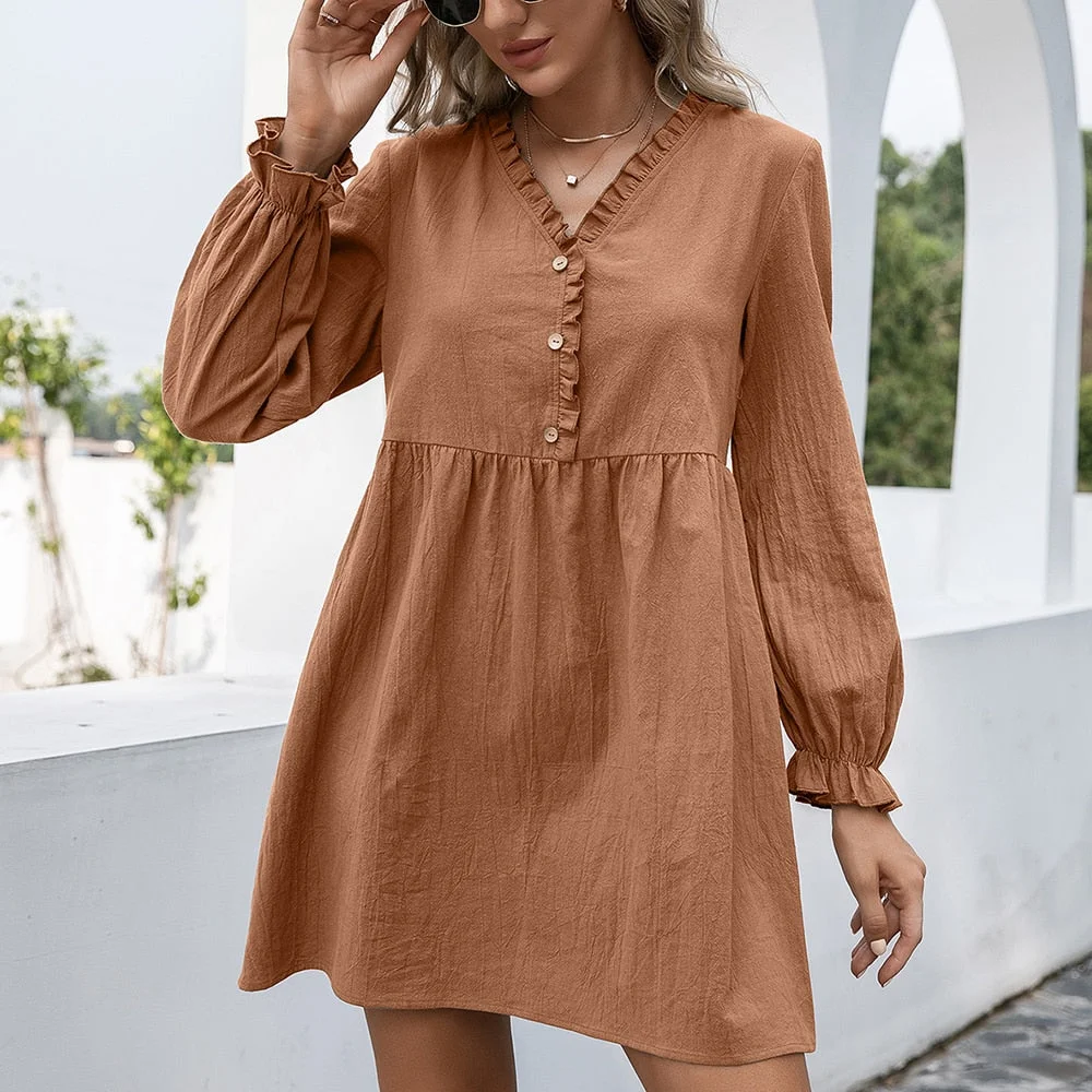Women Vintage Front Button Ruffled A-line Dress Lantern Sleeve Deep V neck Solid High Street Mini Dress 2021 Autumn New Dress